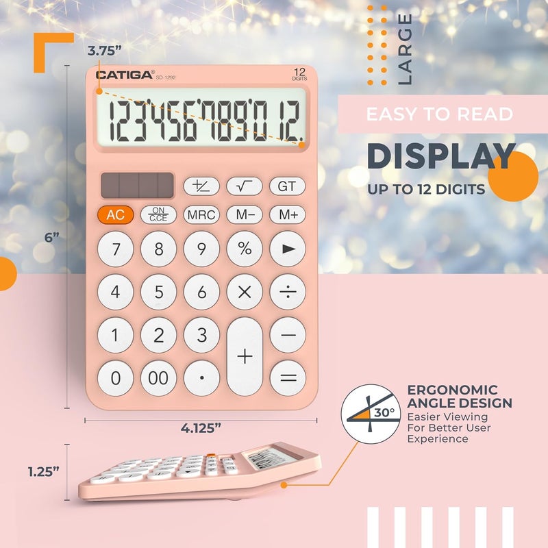 CATIGA 12 Digit Desktop Calculator Basic Desk Calculator with Large LCD Display, Big Buttons, 4 Function, Solar and Battery Dual Power, for Office, School, Home, SD-1292 Pink - Image 4